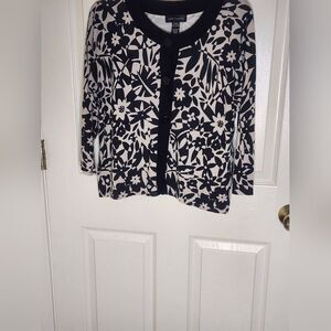 Cable&Gauge L Black Gray FloralPrint SILKBlend 3/4Sleeve ButtonUp Women Cardigan